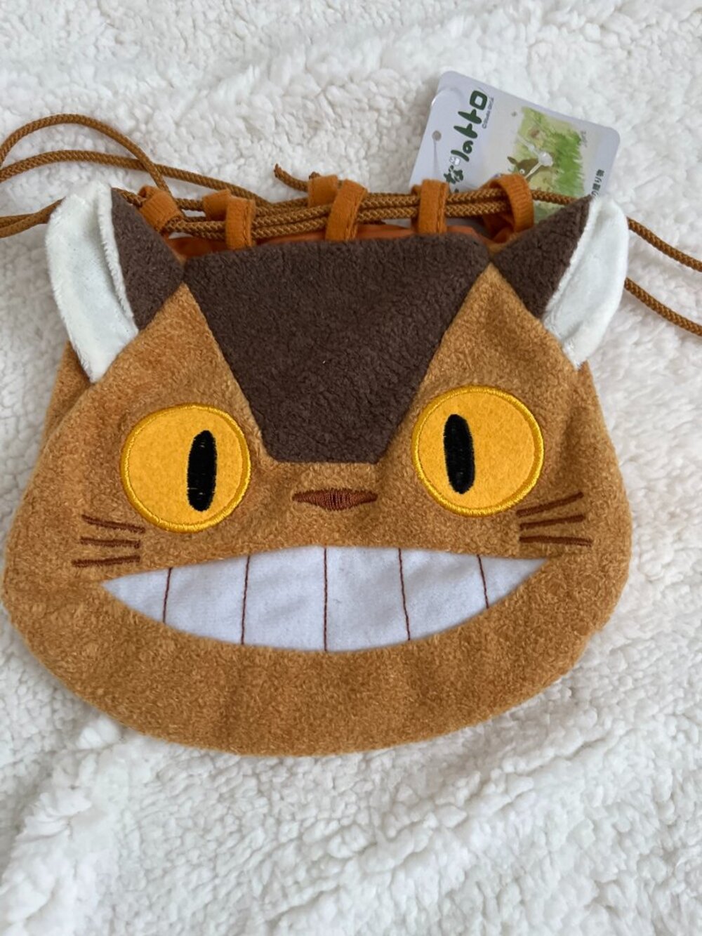 Studio Ghibli My Neighbor Totoro Catbus Brown Plush Face Pouch Drawstring Bag